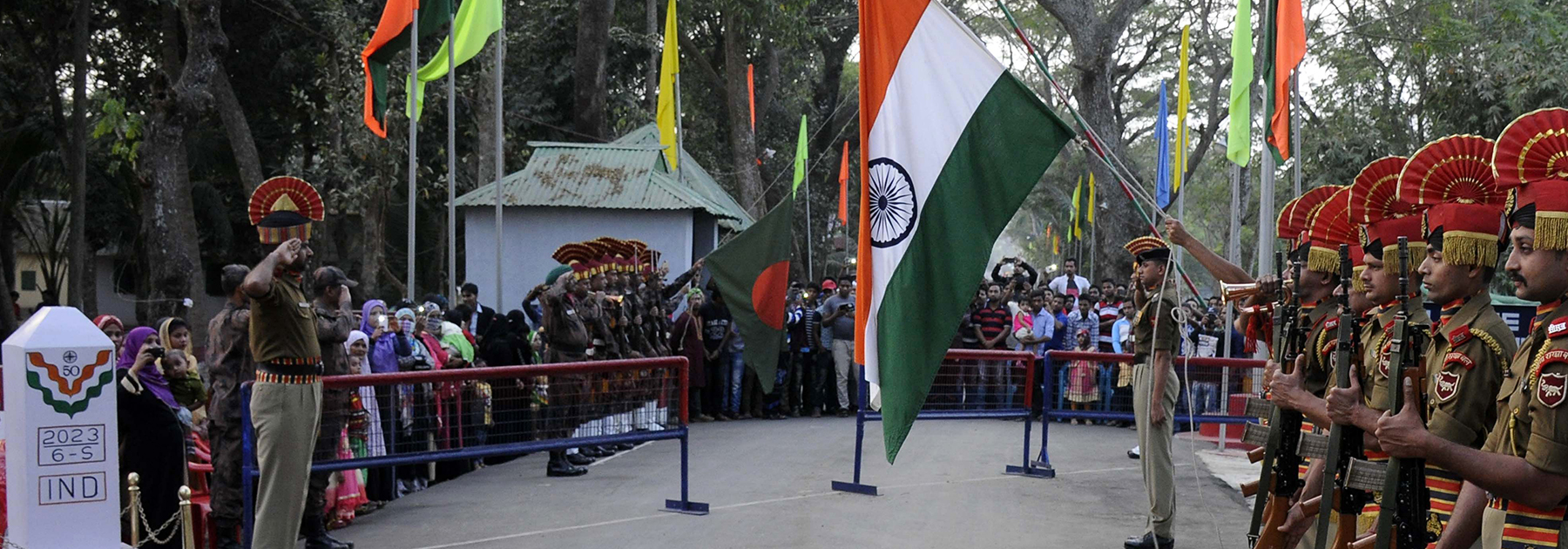 Indian Border Security Force (BSF) personnel during the Beating Retreat ceremony on the India Bangladesh border at Akhaura Integrated Checkpost in Agartala on February 14, 2017. (ARINDAM DEY/AFP/Getty Images)